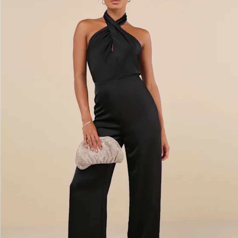 Lulu's Elegant Black Halter Jumpsuit